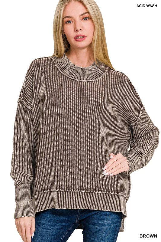 Image of Zenana Washed Side Slit Oversized Sweater | Queeble.shop