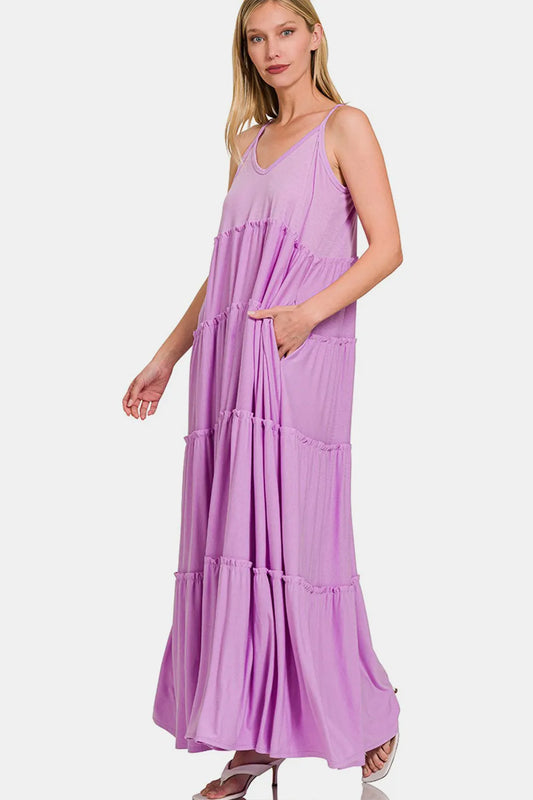 Image of Zenana Frill Tiered V-Neck Maxi Cami Dress | Queeble.shop