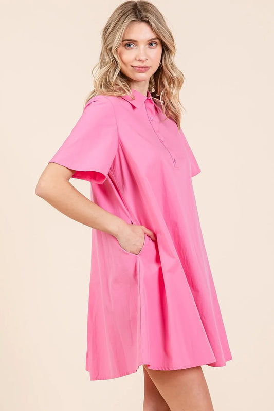 Image of Mittoshop Poplin Collar Pleated Back Mini Dress | Queeble.shop