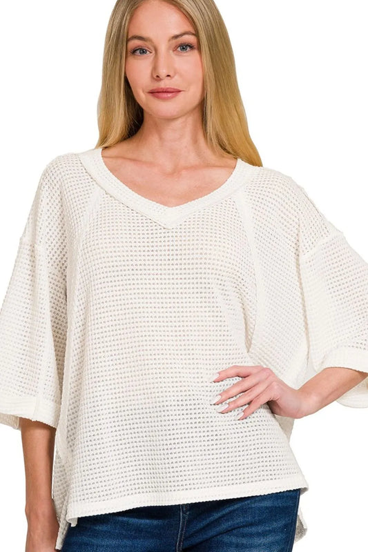 Image of Zenana Brushed Waffle Exposed-seam 3/4 Sleeve Top | Queeble.shop