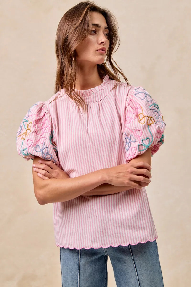 Image of BiBi Embroidery Bubble Sleeve Top With Bottom Scallop Detail | Queeble.shop