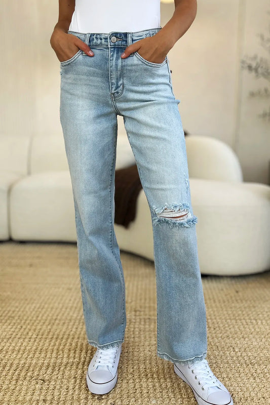 Image of Judy Blue Full Size High Waist Distressed Straight Jeans | Queeble.shop