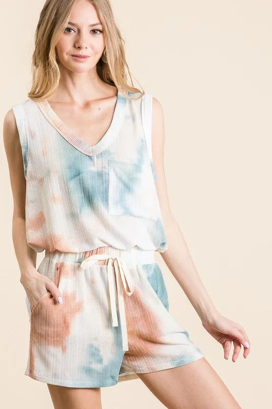 Image of BiBi Tie Dye Textured Knit Top and Shorts Set | Queeble.shop