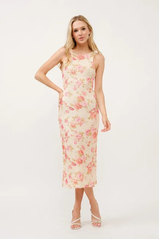 Image of And The Why Floral Fishnet Bodycon Midi Dress | Queeble.shop