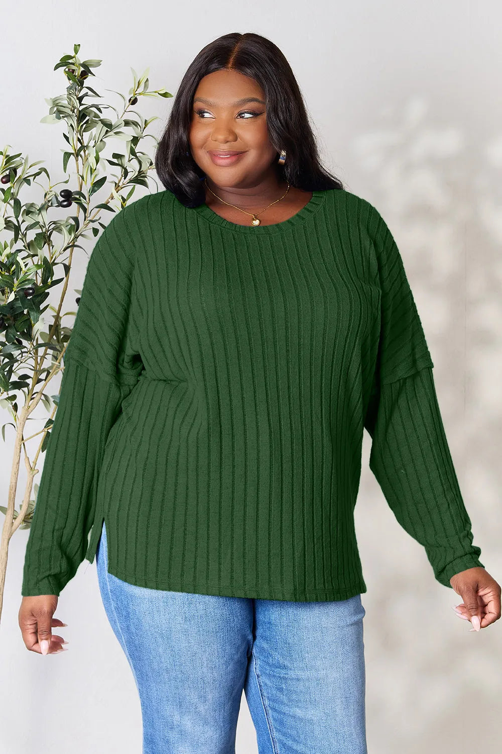 Image of Basic Bae Full Size Ribbed Round Neck Slit Knit Top | Queeble.shop