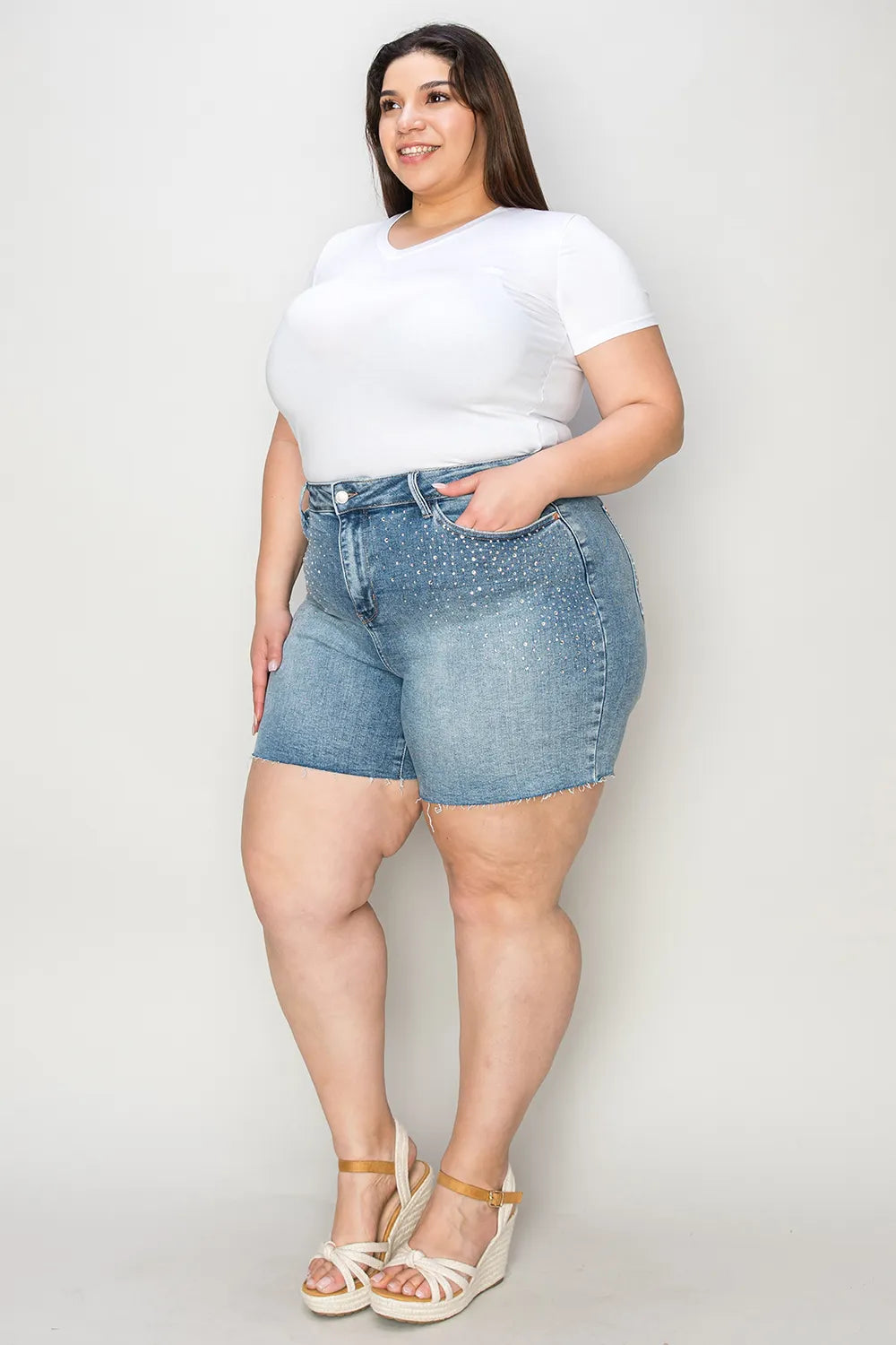 Image of Judy Blue Full Size High Waist Raw Hem Denim Shorts | Queeble.shop