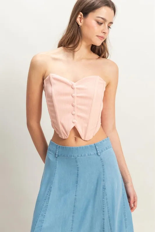 Image of HYFVE Buttoned Front Strapless Knit Bustier Top | Queeble.shop