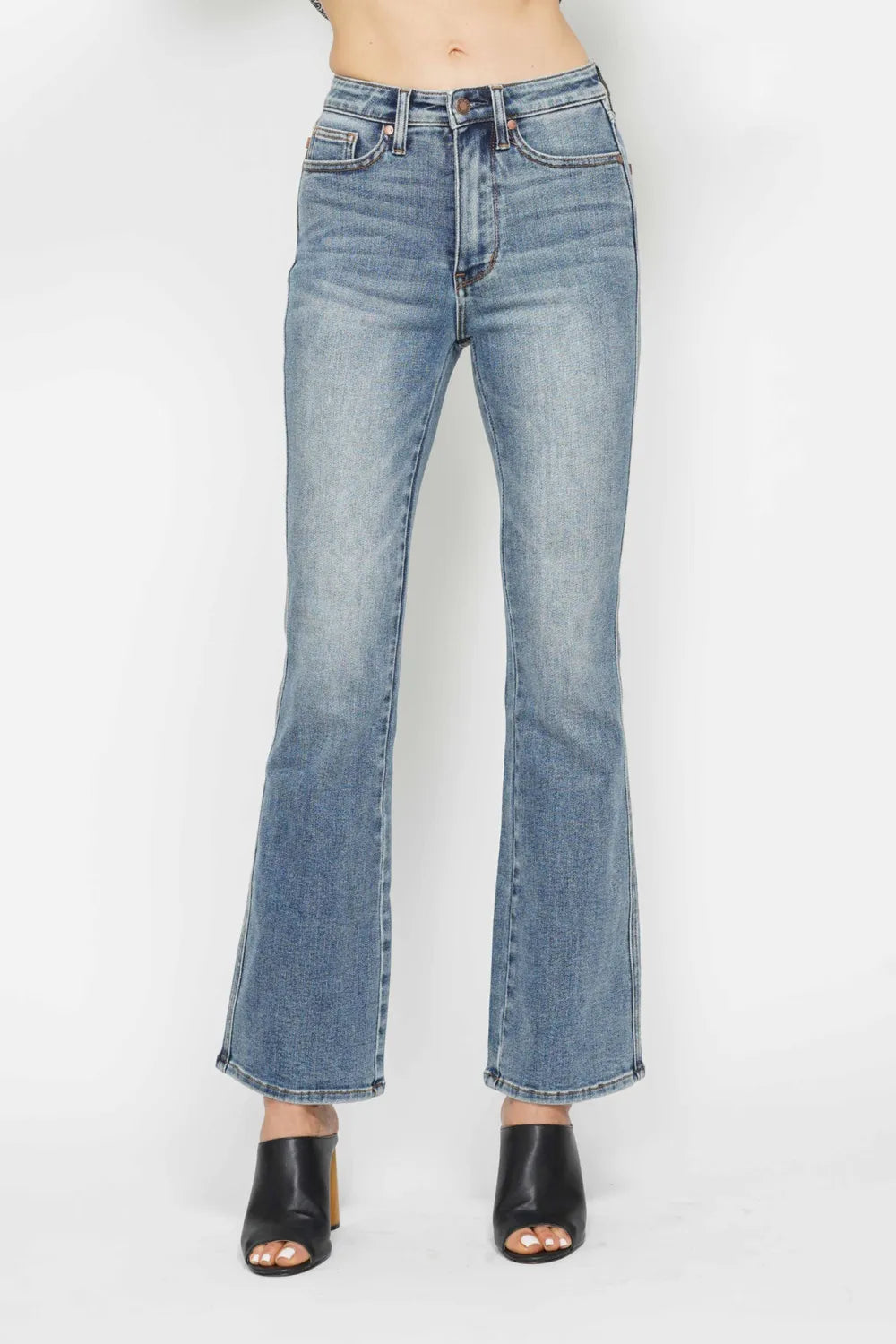Image of Judy Blue Full Size Tummy Control Back Embroidered Pocketed Bootcut Jeans Plus Size | Queeble.shop