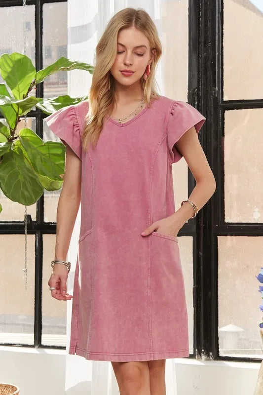 Image of ADORA Mineral Washed V-Neck Ruffled Cap Sleeve Dress | Queeble.shop