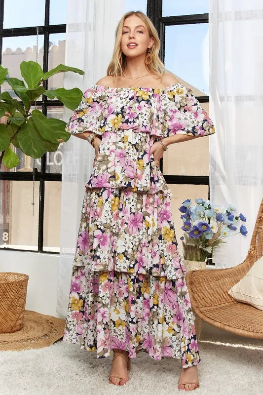Image of ADORA Layered Floral Off-Shoulder Short Sleeve Maxi Dress | Queeble.shop