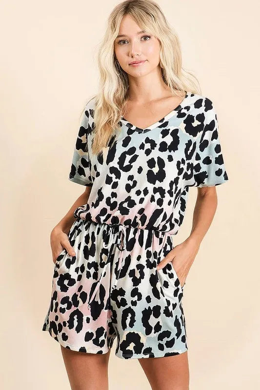 Image of BiBi Gradation Leopard Soft Knit V-neck Romper | Queeble.shop