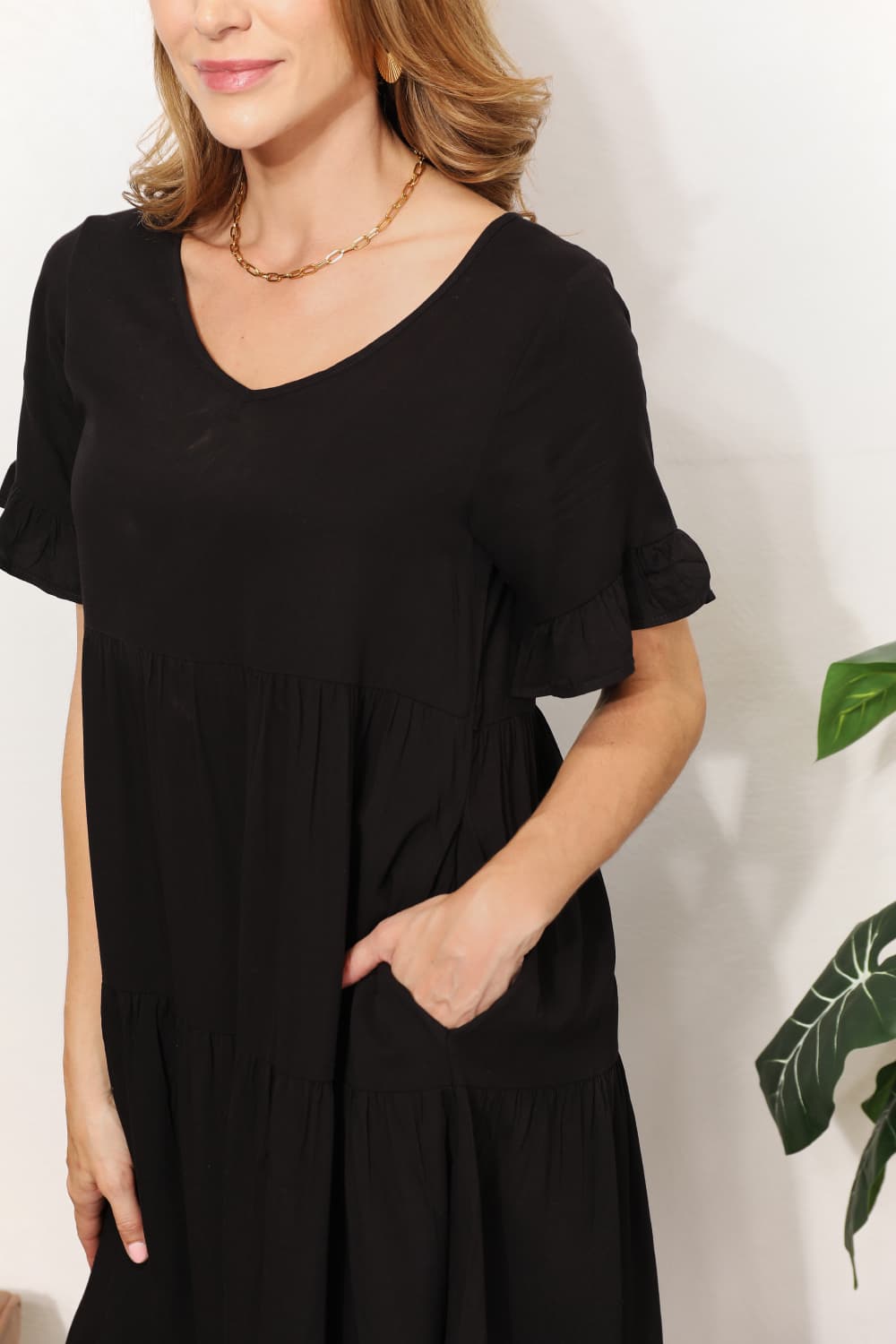 Image of Mandy V-Neck Flounce Sleeve Tiered Dress | Queeble.shop