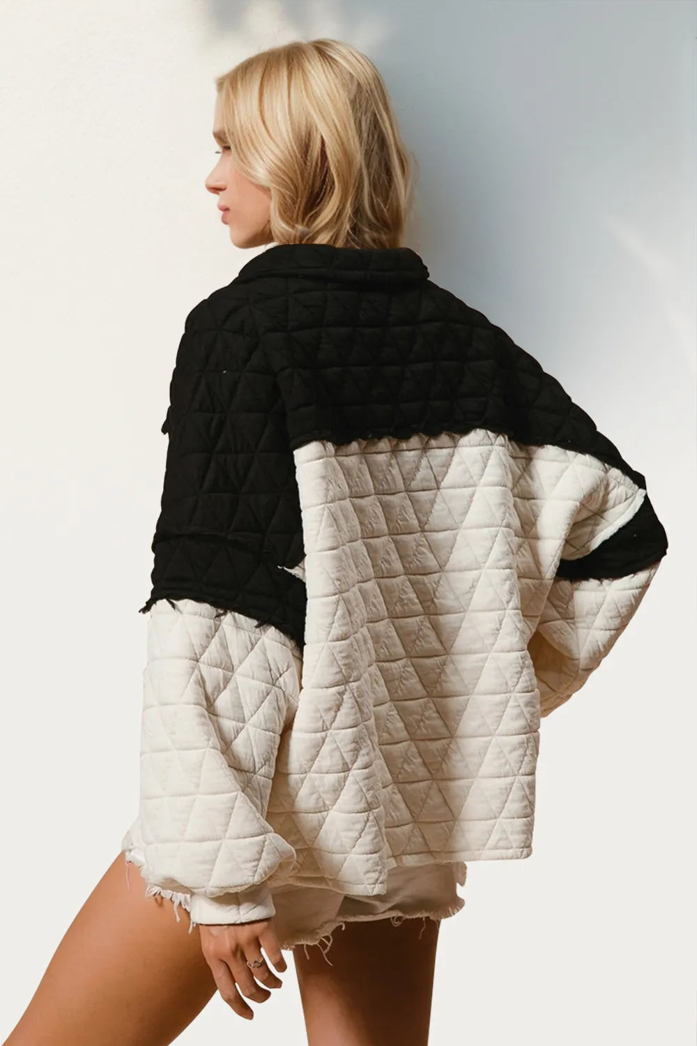 Image of Double Take Quarter Button Contrast Long Sleeve Quilted Sweatshirt | Queeble.shop