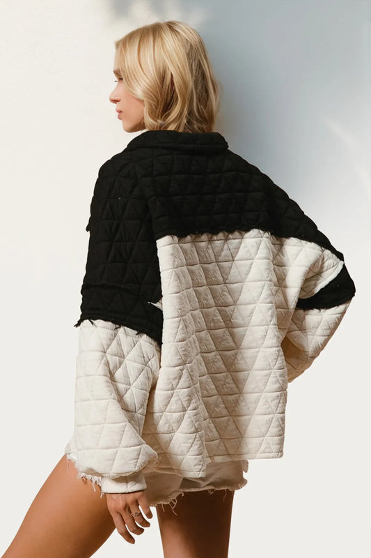 Image of Double Take Quarter Button Contrast Long Sleeve Quilted Sweatshirt | Queeble.shop
