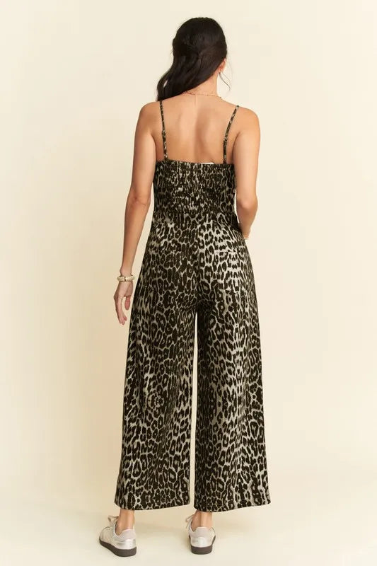 Image of Davi & Dani Leopard Spaghetti Straps Wide Leg Jumpsuit | Queeble.shop