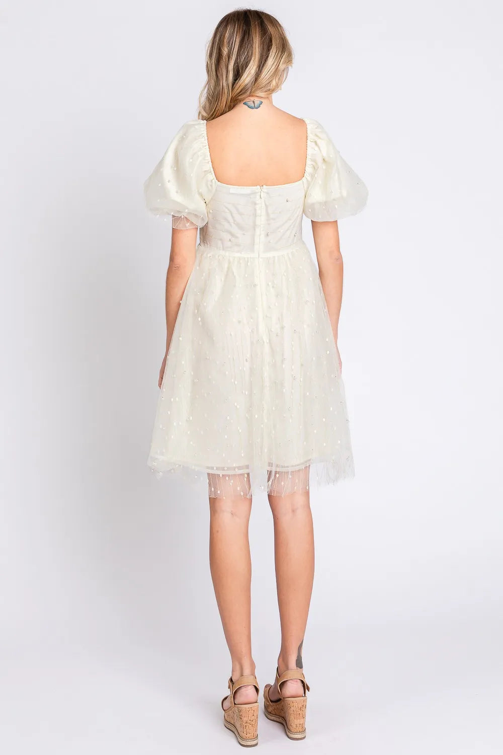 Image of GeeGee Pearl Mesh Puff Sleeve Babydoll Dress | Queeble.shop