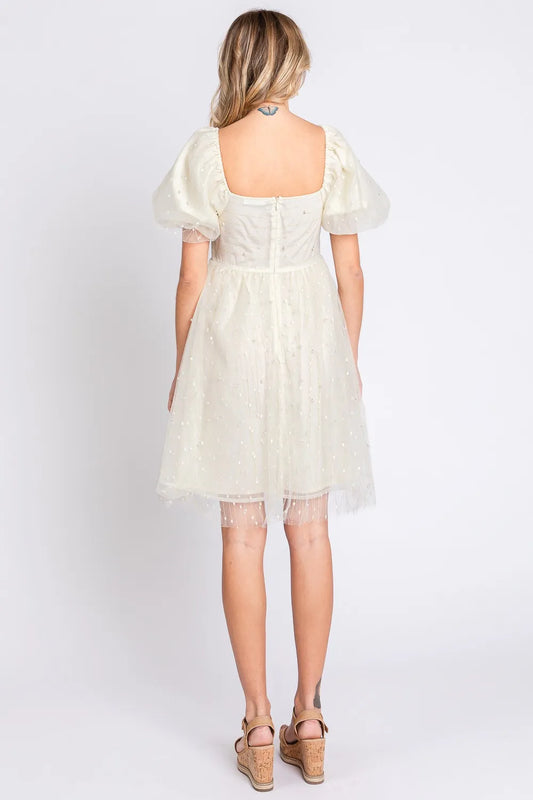 Image of GeeGee Pearl Mesh Puff Sleeve Babydoll Dress | Queeble.shop