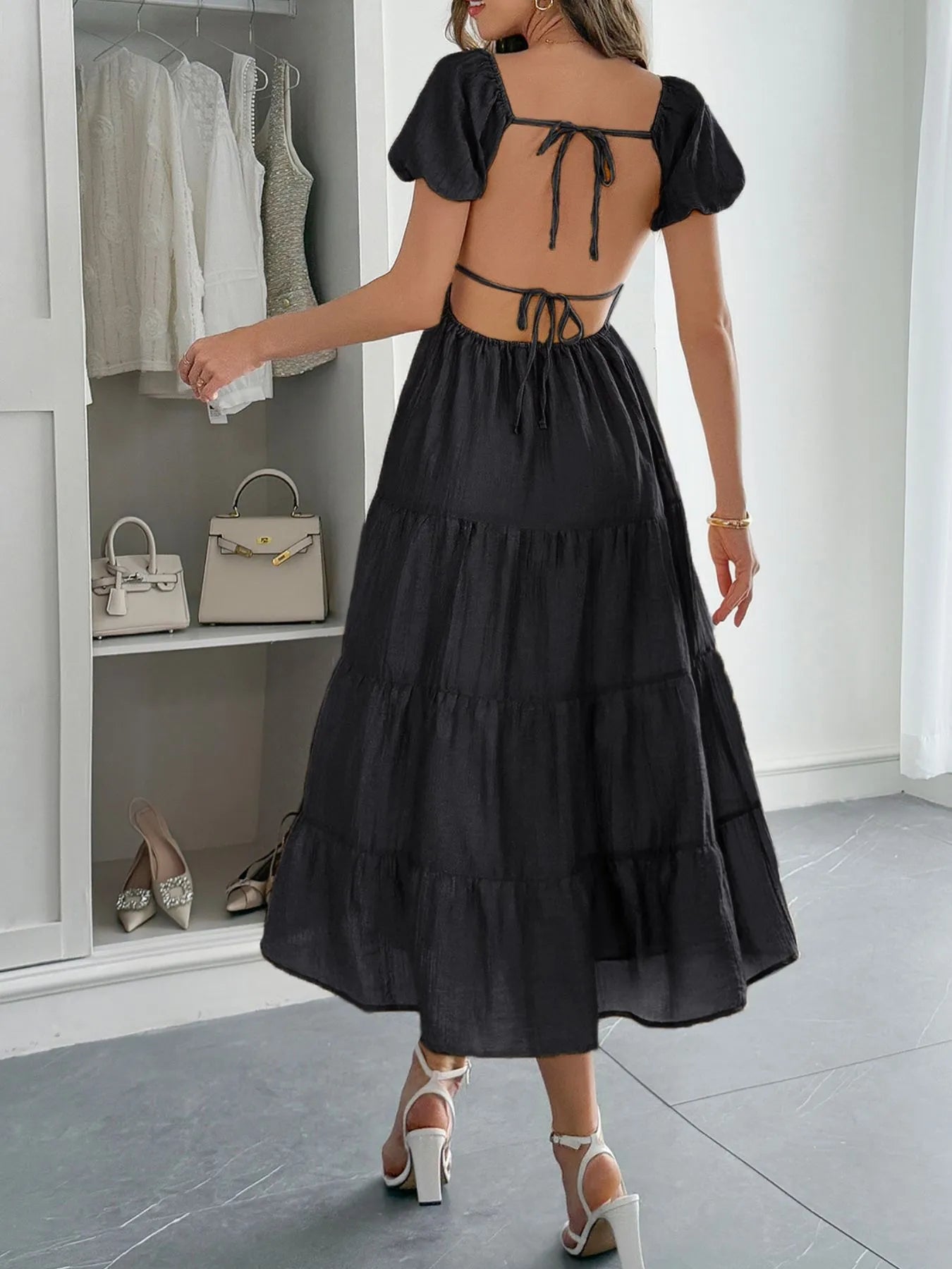 Image of Backless Tiered Puff Sleeve Midi Dress | Queeble.shop