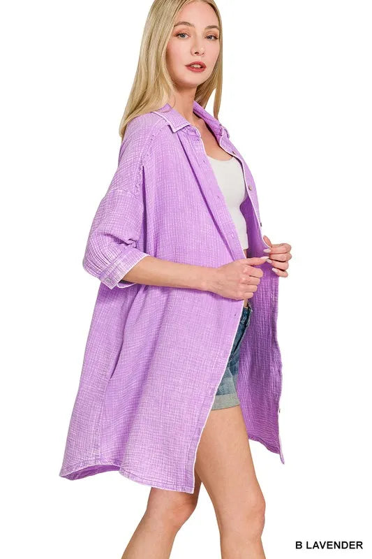 Image of Zenana Washed Double Gauze Button Down Shirt Dress | Queeble.shop