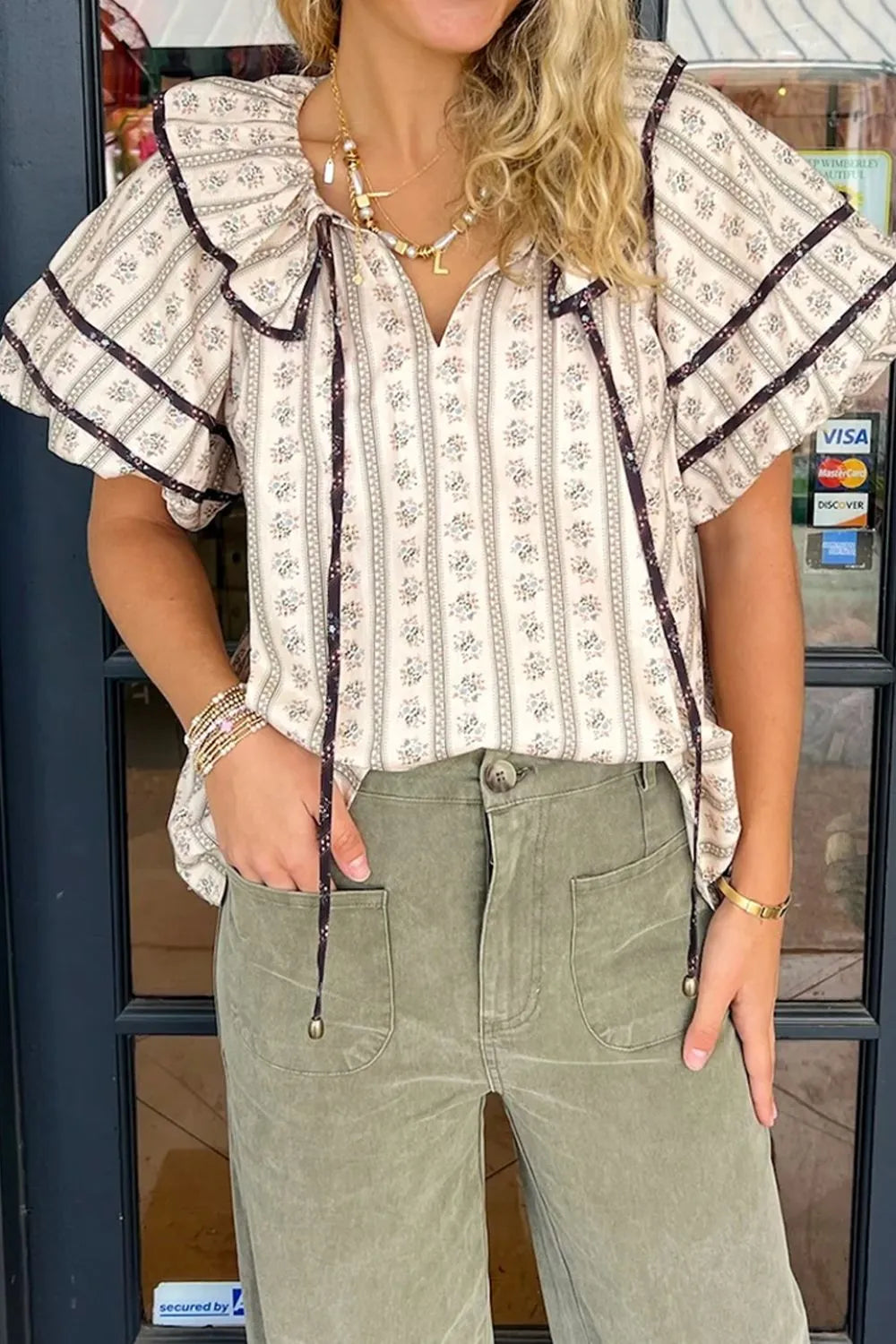 Image of Floral Ruffled Collar Short Puff Sleeve Printed Blouse | Queeble.shop