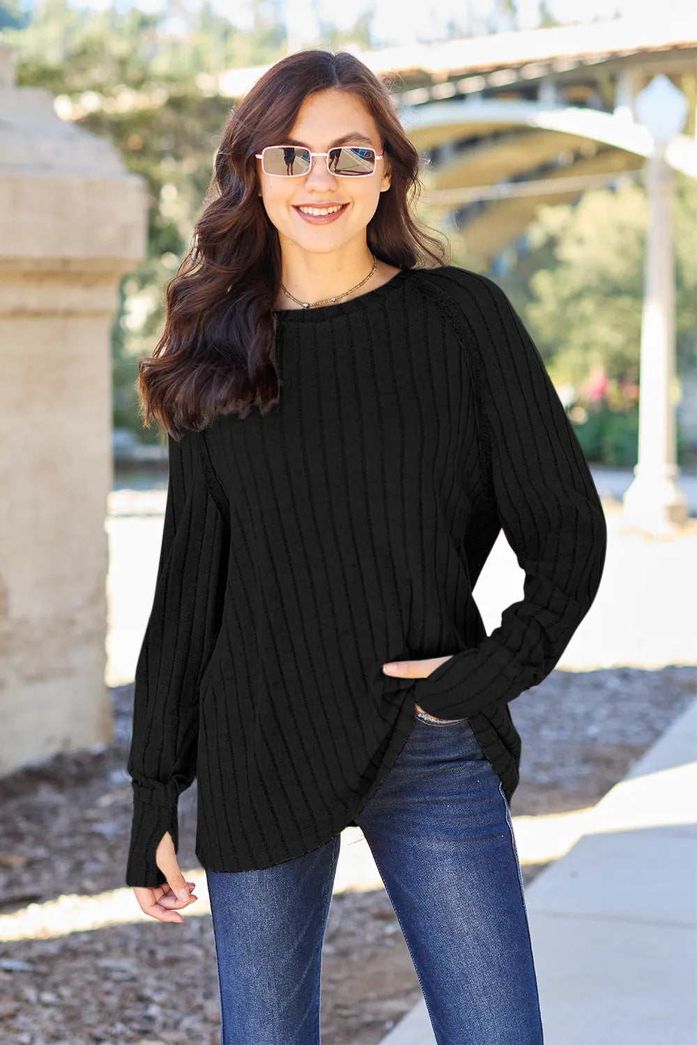 Image of Basic Bae Full Size Ribbed Round Neck Long Sleeve Knit Top | Queeble.shop