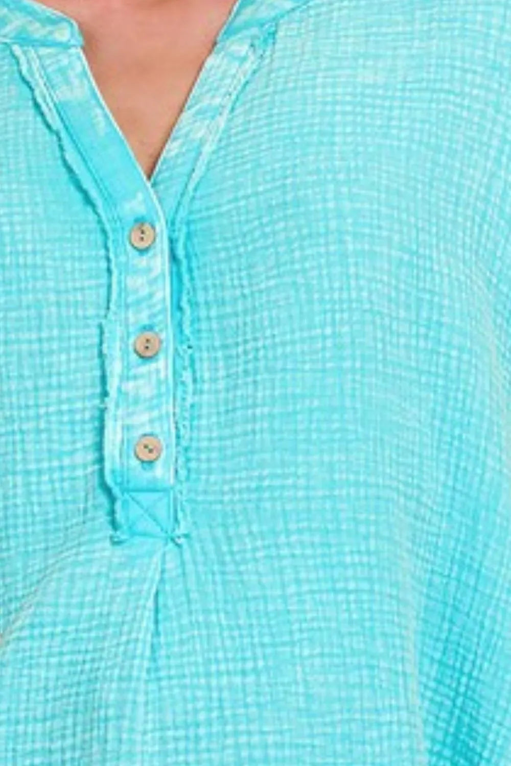 Image of Zenana Washed Double Gauze 3/4 Button Henley Neck Shirt | Queeble.shop