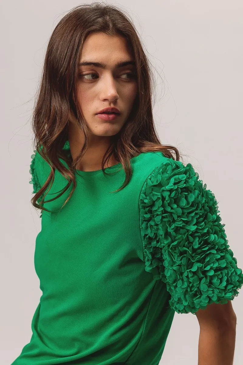 Image of BiBi Short Mesh Flower Sleeve Knit Top | Queeble.shop