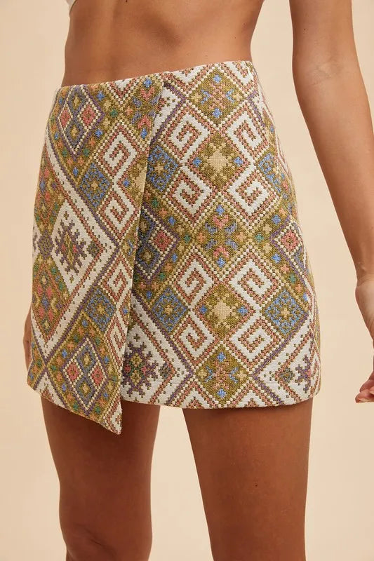 Image of Annie Wear Ethic Woven Jacquard Wrap Mini Skirt | Queeble.shop