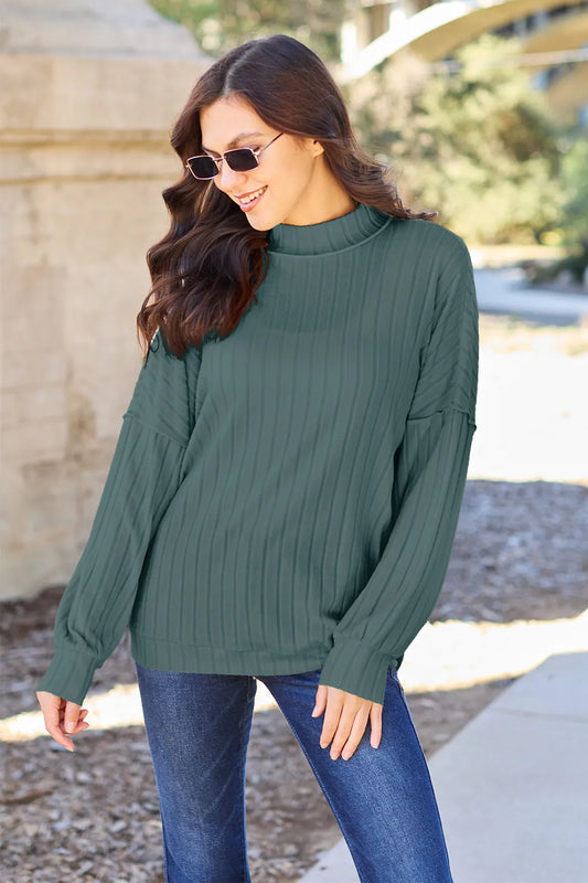 Image of Basic Bae Full Size Ribbed Exposed Seam Mock Neck Knit Top | Queeble.shop