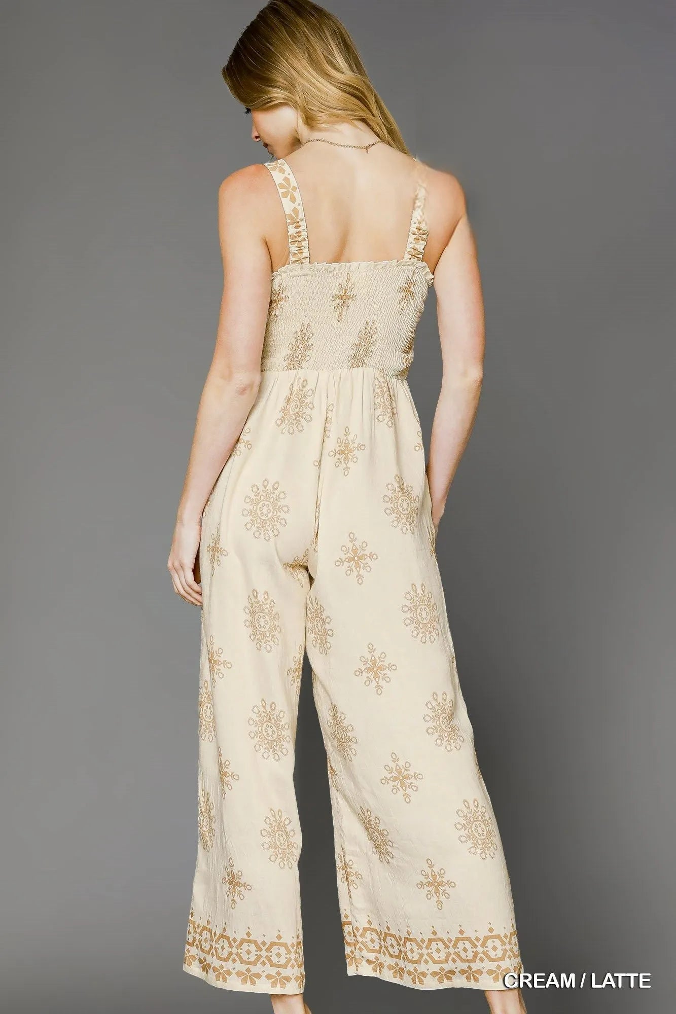 Image of Umgee Smocked Printed Wide Leg Jumpsuit | Queeble.shop