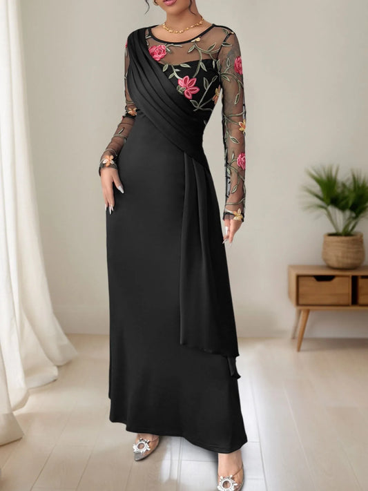 Image of Floral Mesh Sleeve Ruched Maxi Dress | Queeble.shop