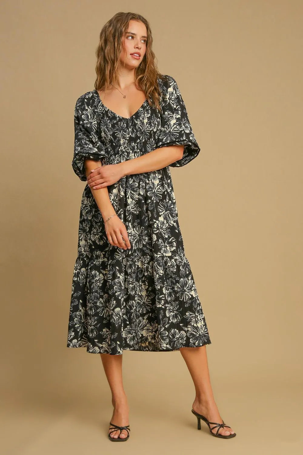 Image of Umgee Ruffle Hem Flower Printed V-Neck Dress | Queeble.shop
