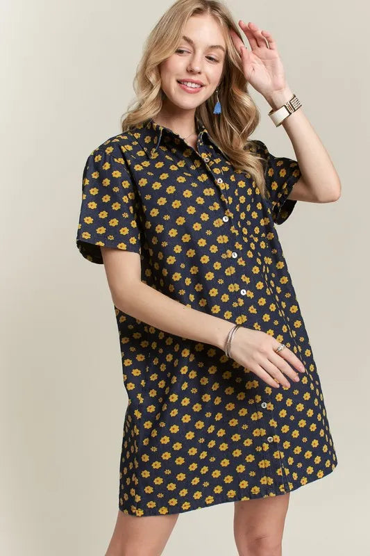 Image of ADORA Floral Button-Up Mini Denim Dress | Queeble.shop