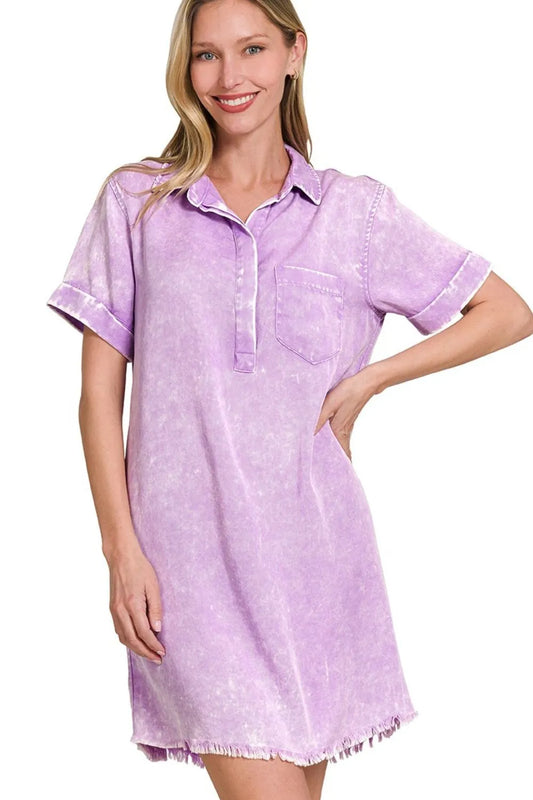 Image of Zenana Tencel Mineral Washed Collared Shirts Dress | Queeble.shop
