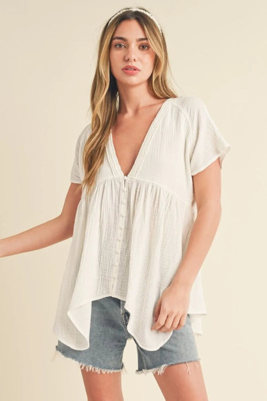 Image of Aemi + Co Tuck Detail V-Neck Short Sleeve Blouse | Queeble.shop