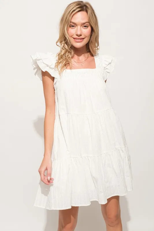 Image of And The Why Origami Pleating Ruffled Sleeve Tiered Dress | Queeble.shop
