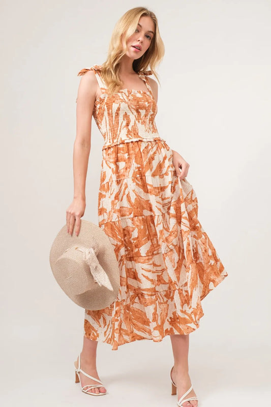 Image of And The Why Tie Shoulder Smocked Midi Tiered Dress | Queeble.shop
