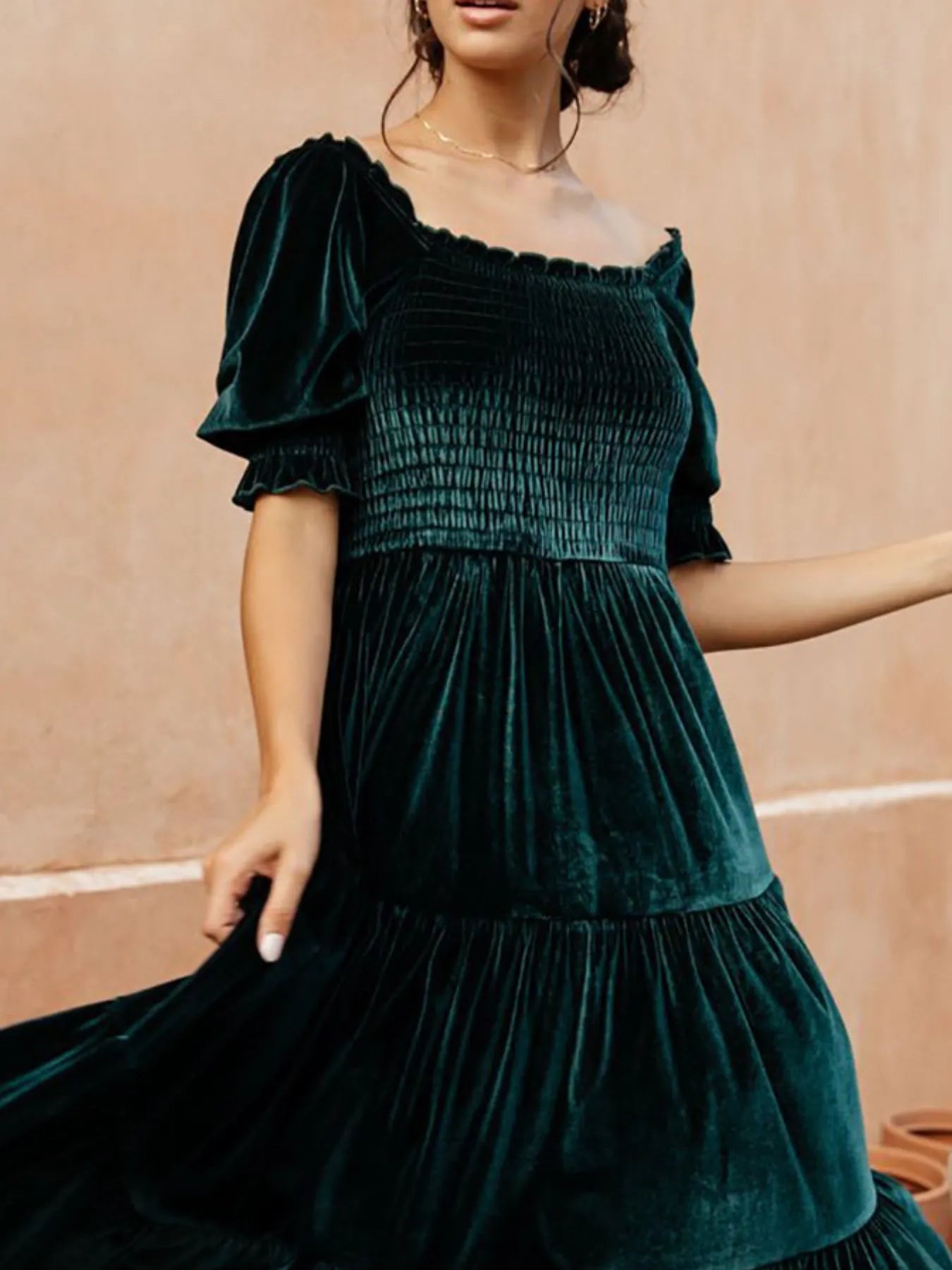 Image of Smocked Half Sleeve Tiered Midi Dress | Queeble.shop