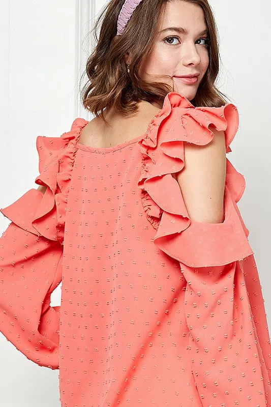 Image of Lime 'N' Chili Ruffle Trim Cold Shoulder Swiss Dot Blouse | Queeble.shop