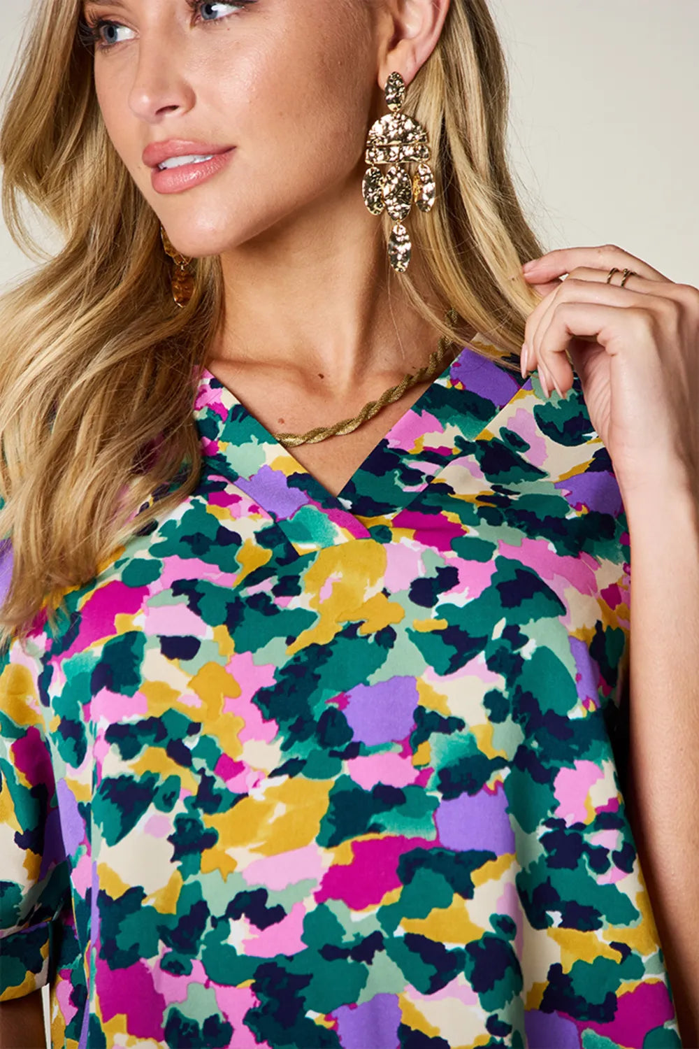 Image of Double Take Full Size Printed V-Neck Short Sleeve Side Slit Top | Queeble.shop