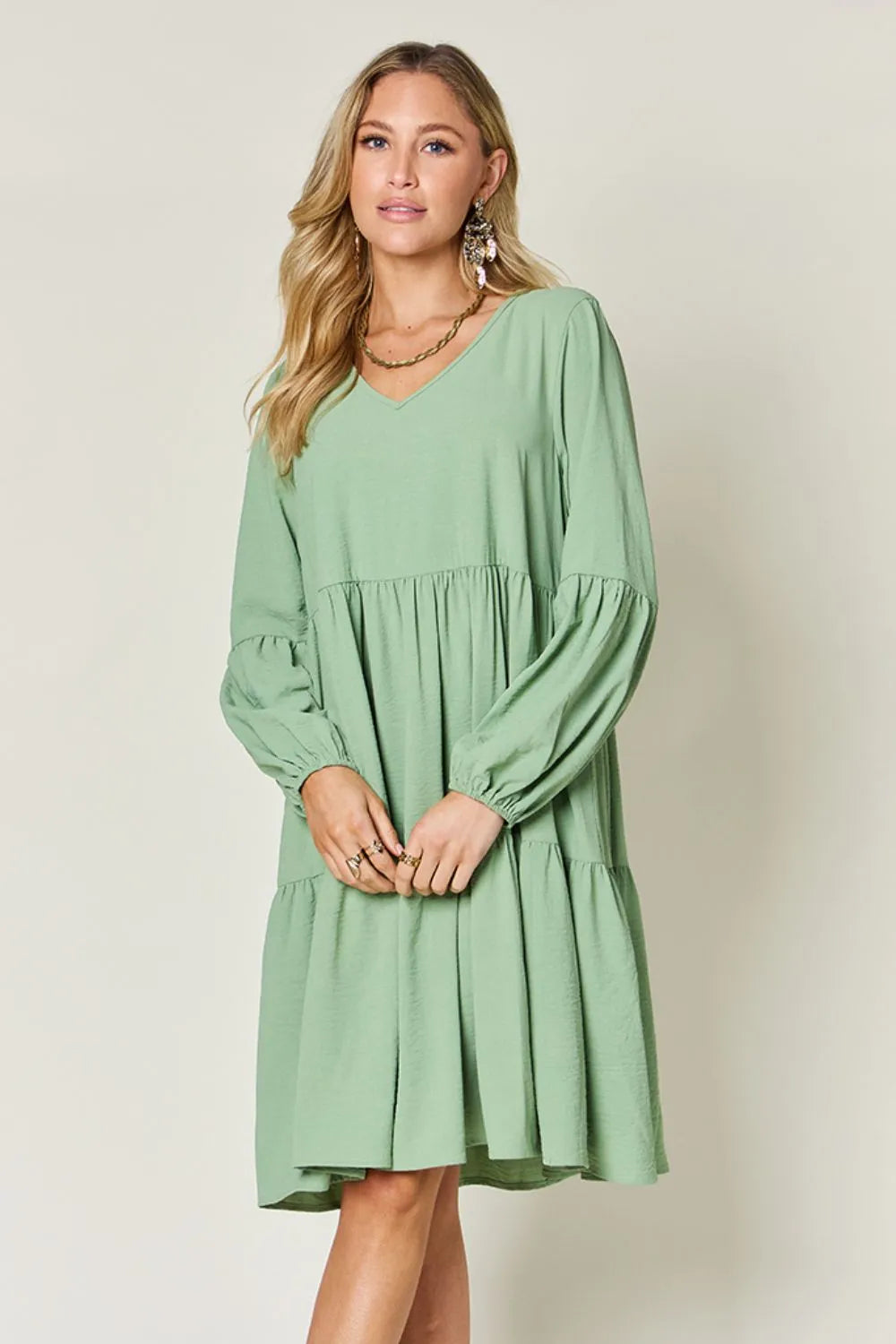 Image of Double Take Full Size V-Neck Balloon Sleeve Tiered Dress with Pockets | Queeble.shop