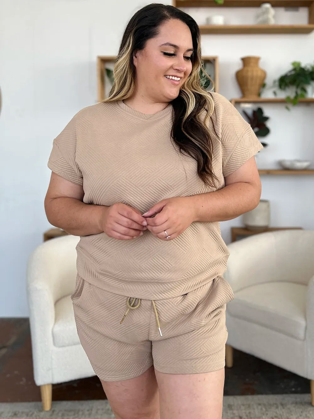 Image of Double Take Full Size Texture Short Sleeve T-Shirt and Drawstring Shorts Set | Queeble.shop