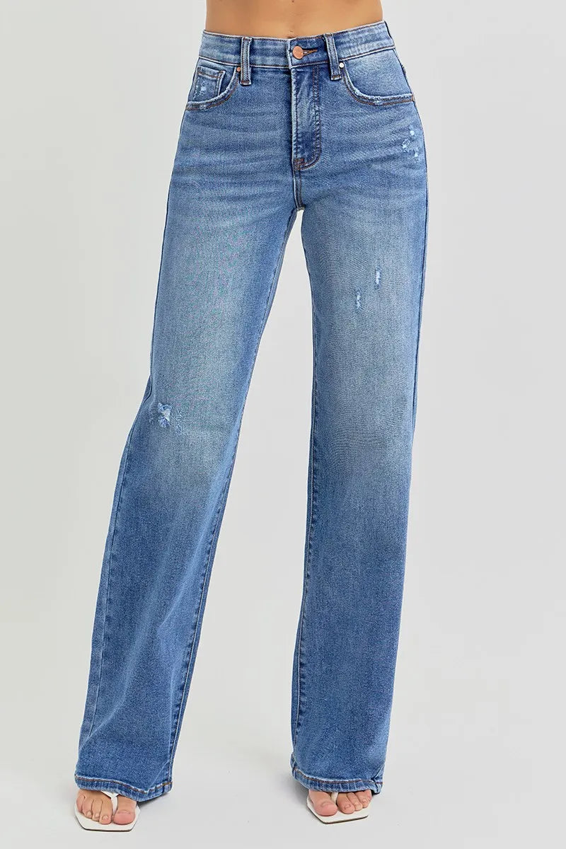 Image of RISEN Full Size Tummy Control Elastic Band High Rise Wide Jeans Plus Size | Queeble.shop