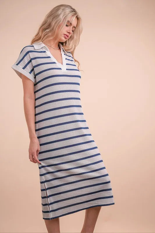 Image of VERY J Oversized Collared Striped Knit Midi Dress | Queeble.shop