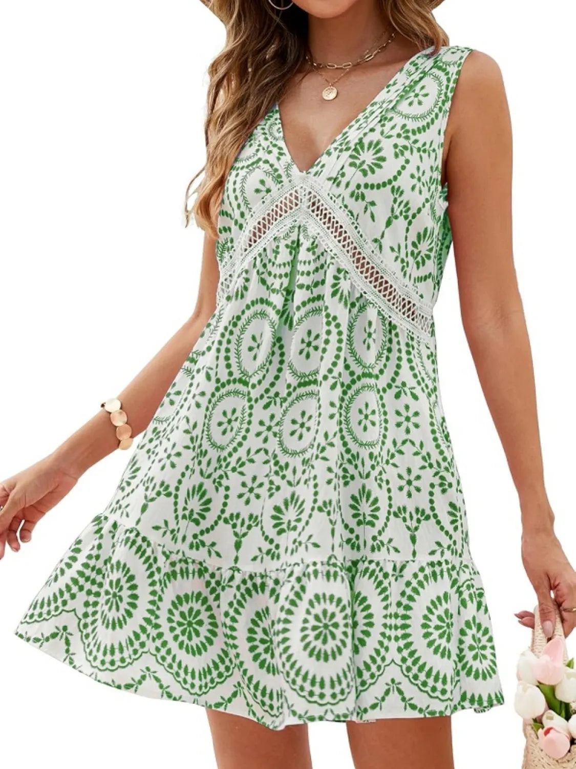 Image of Printed V-Neck Sleeveless Mini Dress | Queeble.shop