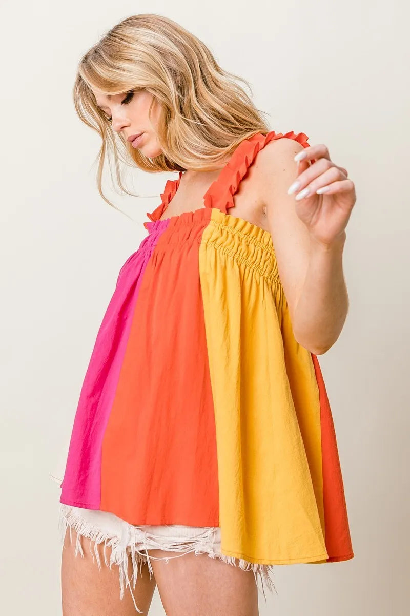 Image of BiBi Frill Shoulder Strap Color Block Bodice Top | Queeble.shop