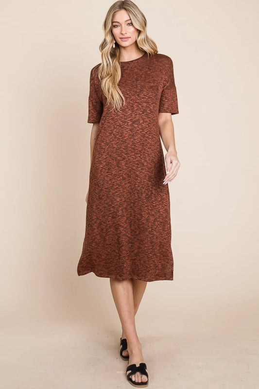 Image of BOMBOM Round Neck Side Slit Midi Dress | Queeble.shop