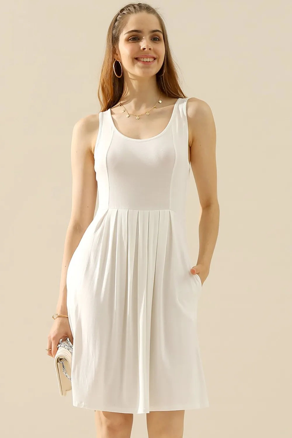 Image of Doublju Full Size Round Neck Ruched Sleeveless Dress with Pockets | Queeble.shop