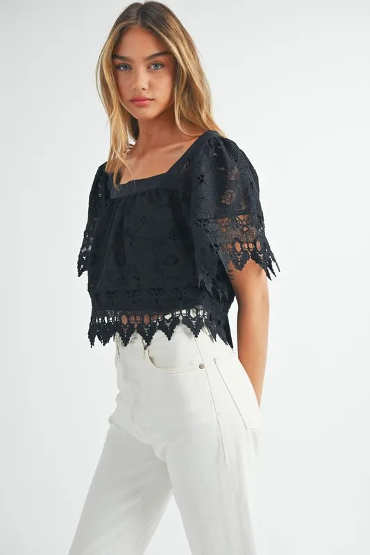 Image of MABLE Square Neck Crochet Lace Top With Double Bow Tie | Queeble.shop