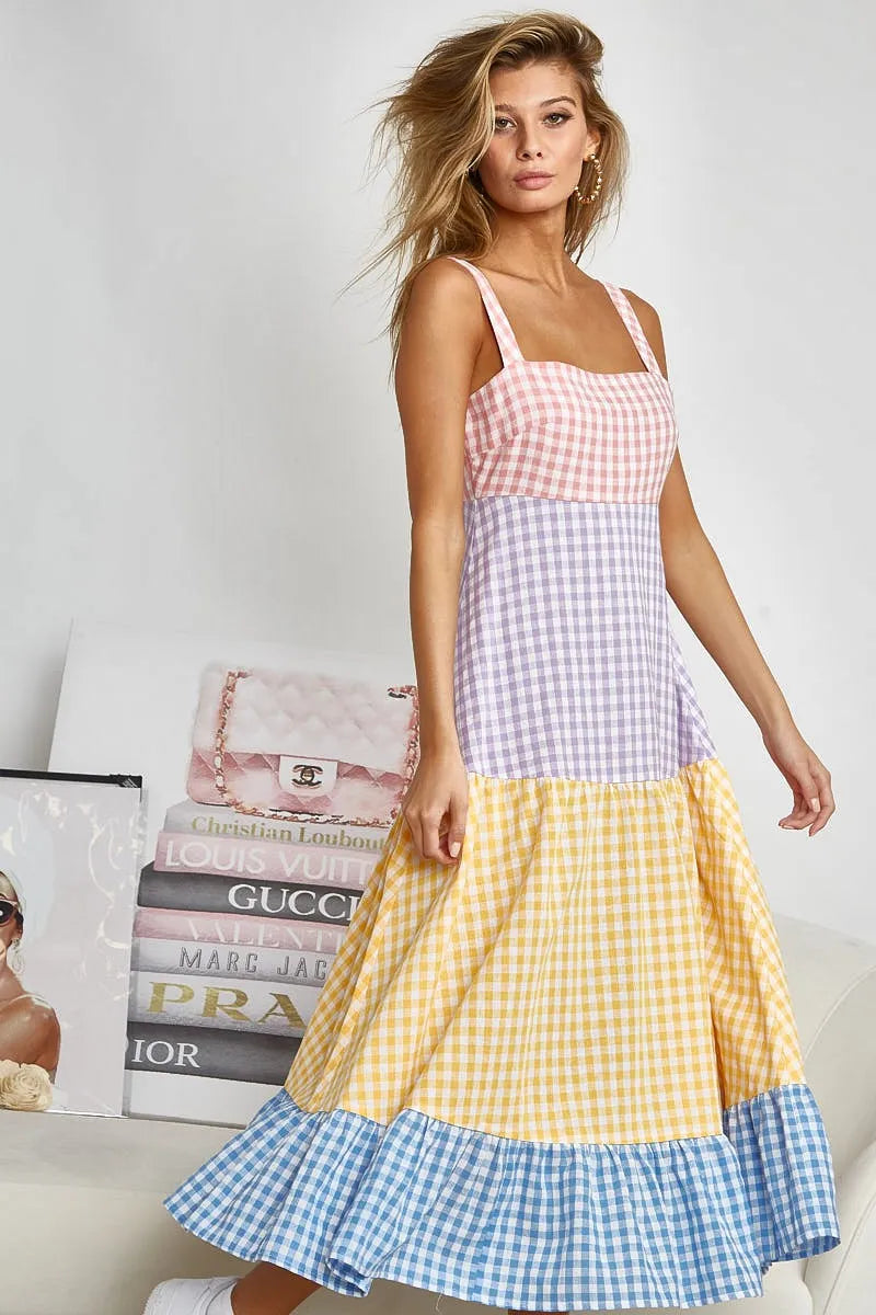 Image of BiBi Color Block Tiered Gingham Dress | Queeble.shop